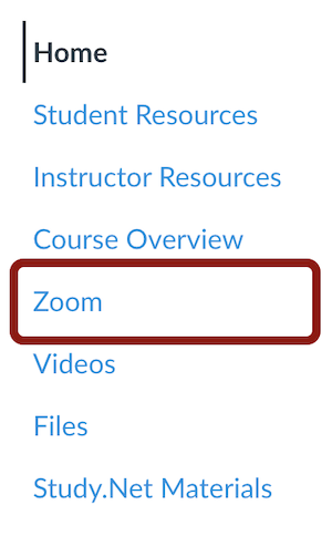 Screenshot of Zoom link in the Course Navigation Menu