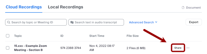 Screenshot of Share Button in Zoom Cloud Recordings