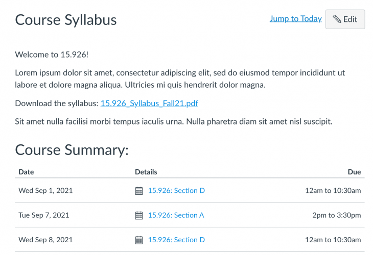 Screenshot of Course Syllabus embedded in Canvas Site
