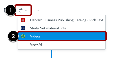 Click on the Plug Icon and then select Videos from the drop-down menu