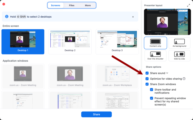Select Share sound and Optimize for video clip