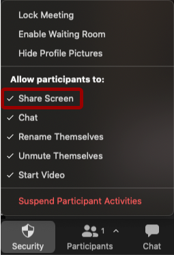 Screenshot of Zoom Security menu with Share Screen option highlighted
