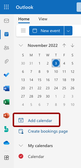 Screenshot of Add Calendar icon on Outlook.com