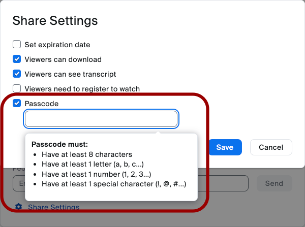 Screenshot of passcode protection for a Cloud Recording in Zoom