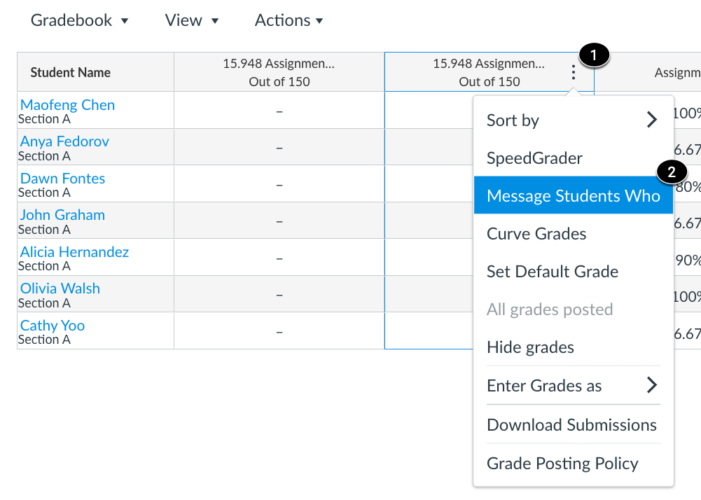 screenshot of process for accessing message students who tool