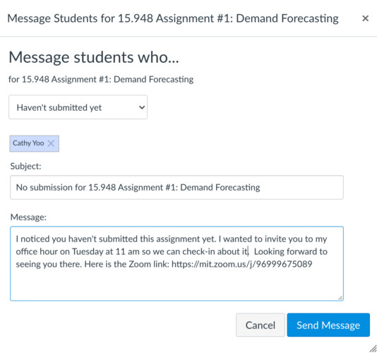 Screenshot of message students who haven't submitted yet
