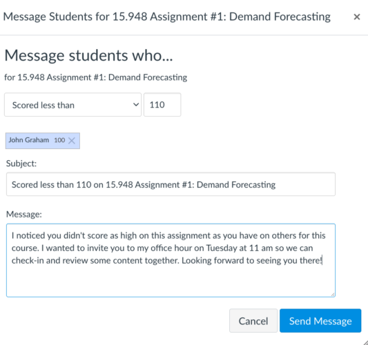 screenshot of message students who scored less than 110