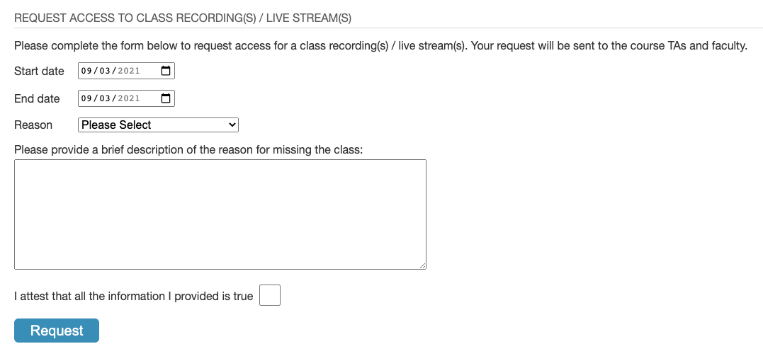 Screenshot of Request Access to Class Recording(s) / Live Stream(s) form