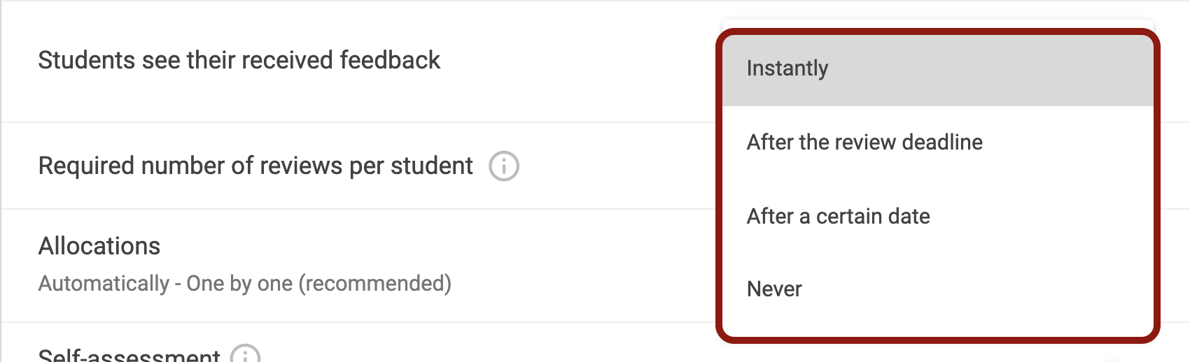 Select when students can see their received feedback