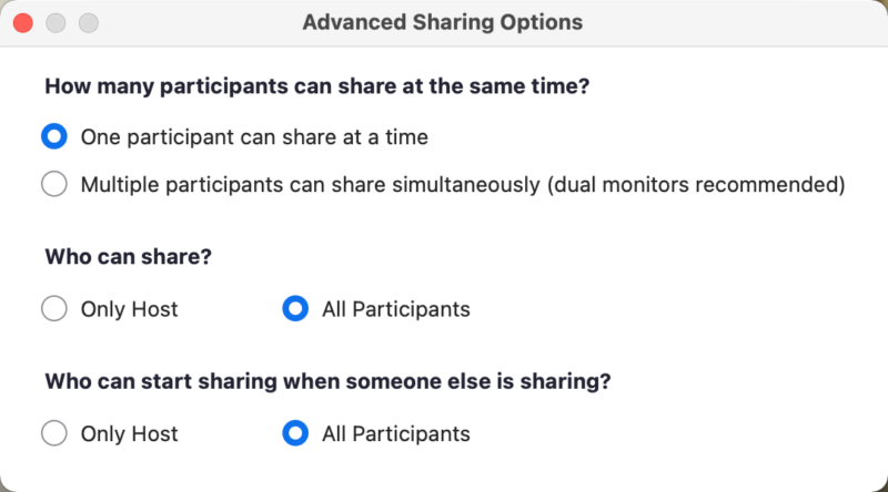 Screenshot of advanced sharing options in a Zoom meeting