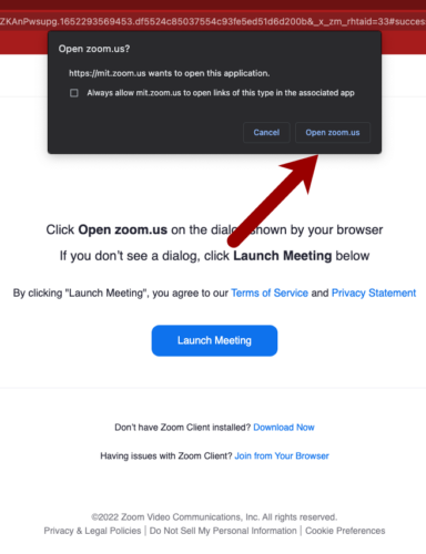 Screenshot of the dialog that comes up when a zoom meeting is clicked. It is asking the user if it's ok to open zoom after clicking the link.