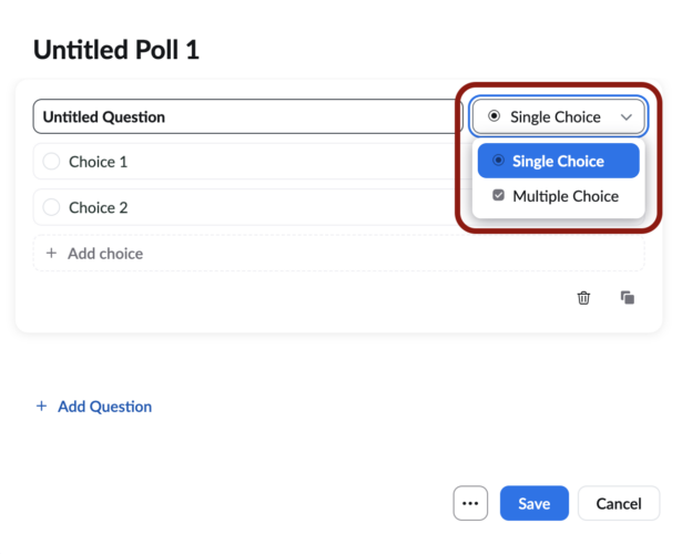 Screenshot of Single and Multiple Choice options on the Create Poll window