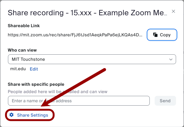 Screenshot of zoom's cloud recording share settings with another share settings button highlighted