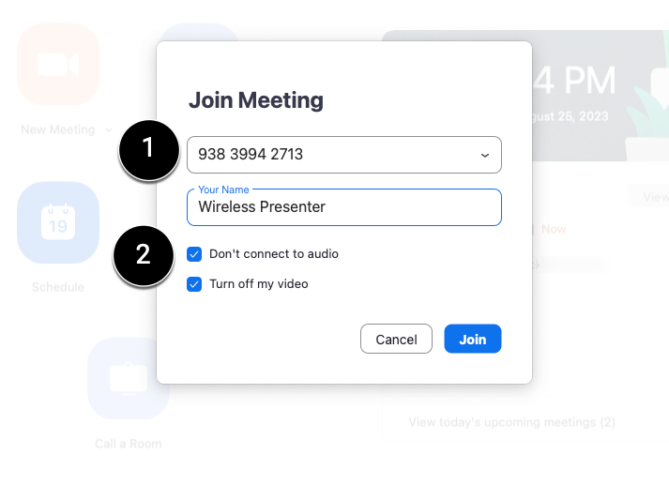 Screenshot of the Join Meeting dialog in Zoom bringing attention to the meeting ID field and the don't connect to audio.