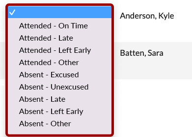 Screenshot of the Attendance Status options