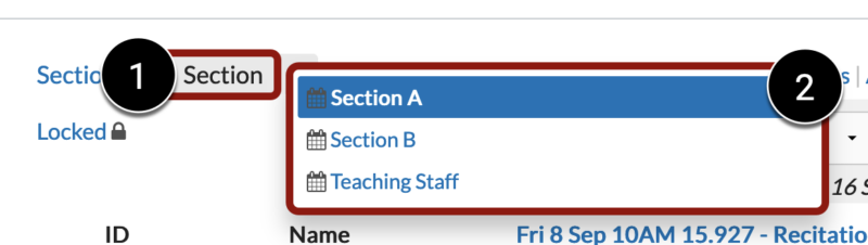 Screenshot of Section drop-down in the top menu of aPlus Attendance