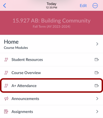 Screenshot of A+ Attendance in the Course Navigation Menu in the Canvas Student app
