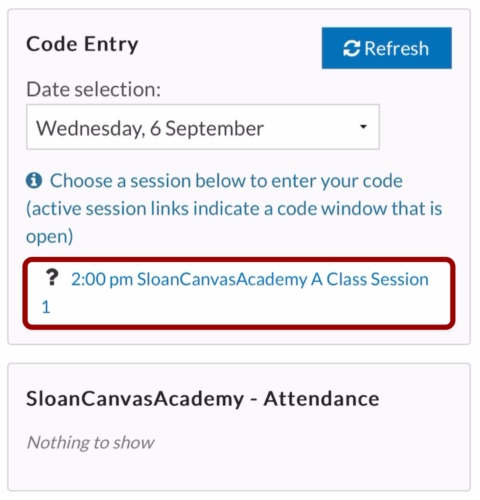 Screenshot of Class Session link on the Canvas Student app