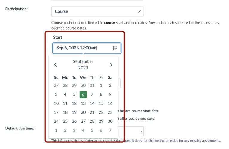 Screenshot of the Course Start Date field