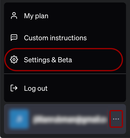Screenshot of the ChatGPT side menu with Settings & Data and the account menu highlighted