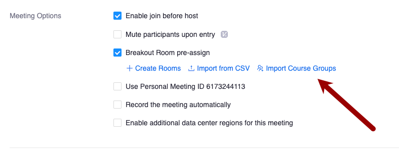 Screenshot of Canvas Zoom meeting options with breakout room preassign selected and an arrow pointing to Import course groups