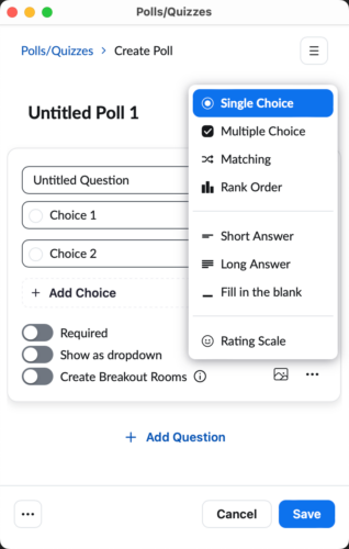 Screenshot of the different options on the Create Poll window