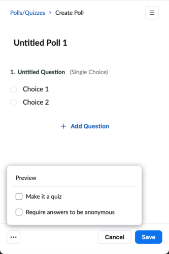 Screenshot of the Allow participants to answer questions anonymously and make a quiz options