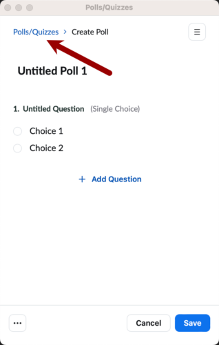 Screentshot of an arrow pointing to the button to get back to the list of polls and quizzes