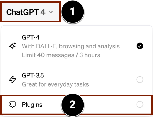 Screenshot of the ChatGPT 4 menu with the Plugins menu option