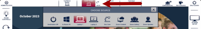 Screenshot of the classroom interface with an arrow pointing to the move button