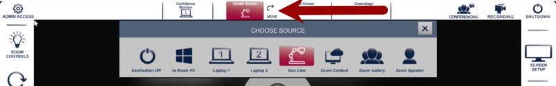 Screenshot of the classroom interface with an arrow pointing to the move button with the doc cam up