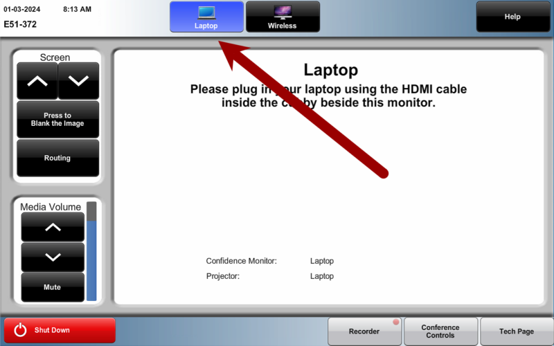 Screenshot of the interface with an arrow pointing to the Laptop quick start