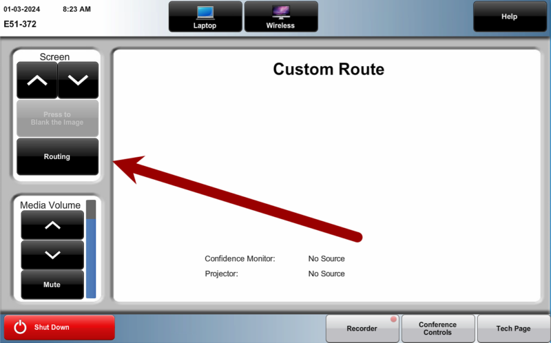 Screenshot of the interface with an arrow pointing to the routing button