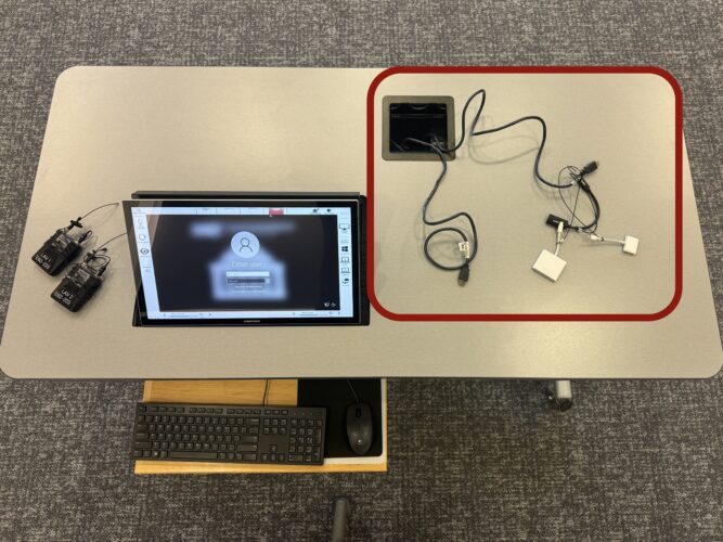Photo of the classroom teaching table with the keyboard and mouse highlighted