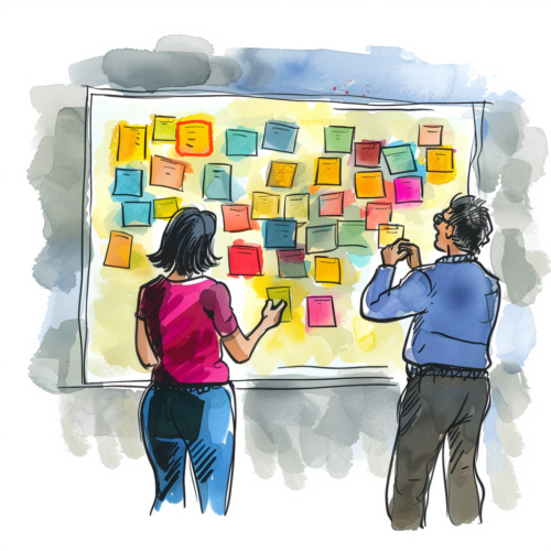 A watercolor-style illustration of two people, a woman and a man, collaborating at a whiteboard covered in colorful sticky notes, engaged in a brainstorming session.