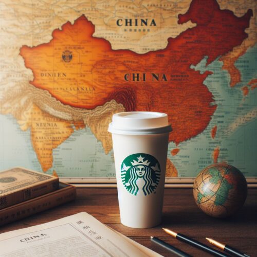 A takeaway coffee cup with the Starbucks logo in front of a garbled vintage map of China