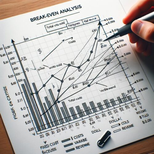 A confusing illustration of a break-even analysis chart with multiple lines representing costs and revenues and illegible text scattered throughout.