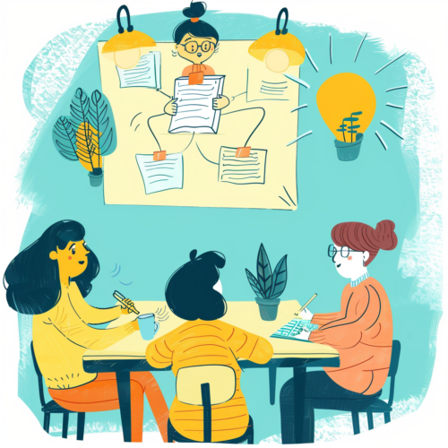 Illustration of three people talking around a table and one person seemingly looking in from their perch inside a whiteboard