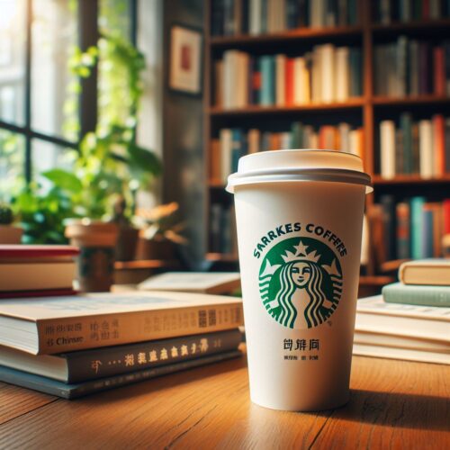 A branded takeaway coffee cup next to a stack of Chinese books, with a bookshelf and plants in the background