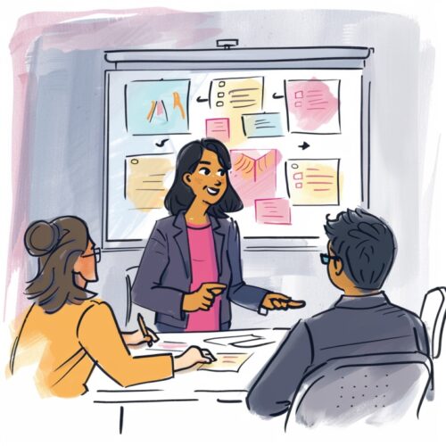 An animated drawing of a business meeting with three people. A woman in the center stands presenting, gesturing towards a whiteboard with colorful sticky notes and charts, while a man and another woman sit at a table facing her, taking notes.