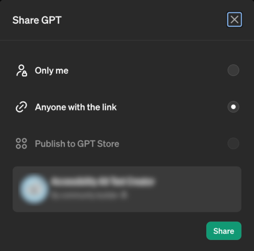 Screenshot of the Share GPT menu