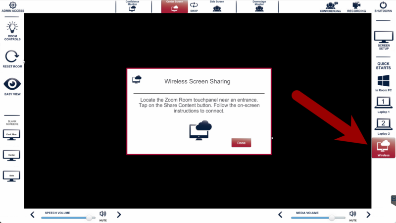 Screenshot of the classroom control interface with an arrow pointing to wireless