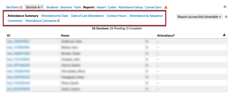 Screenshot of attendance report types