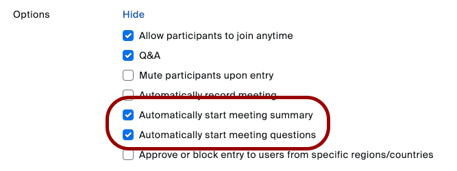 Screenshot of meeting options highlighting automatically start meeting summaries and questions