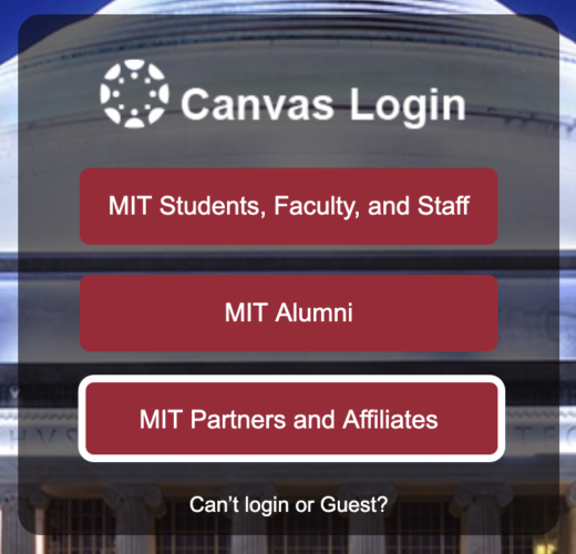 Screenshot of MIT Partners and Affiliates button on the Canvas Login Screen
