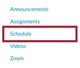 Screenshot of the Schedule link in the Course Navigation Menu in a Canvas course