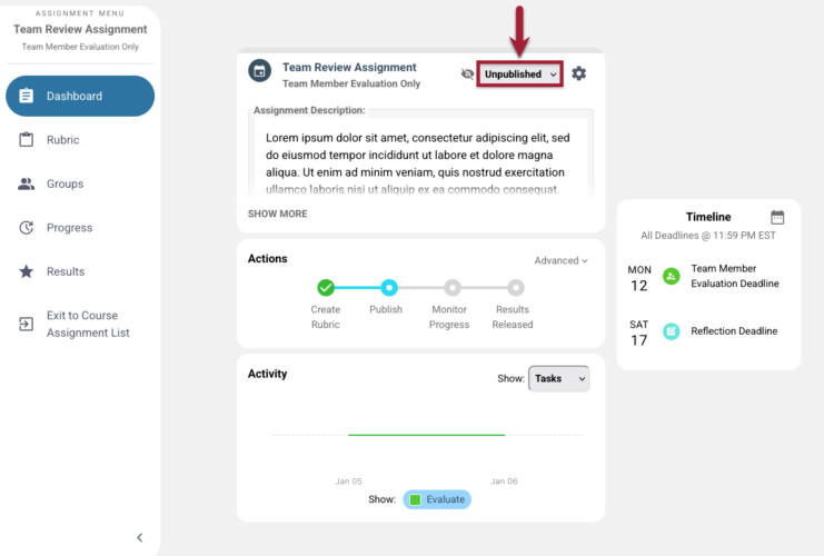 Screenshot of Unpublished option on Dashboard in Peerceptiv