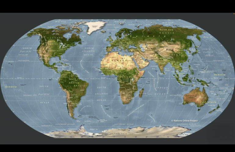 World map showing labeled continents, countries, oceans, and latitude and longitude lines.